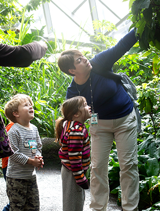 Instructor showing conservatory plants to two small children