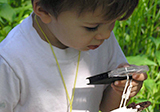 Little boy looking at soil through a magnifier