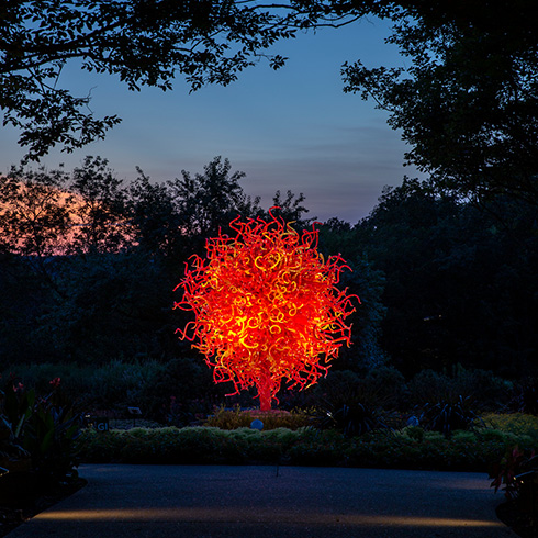 Glass sunburst sculpture illuminated from below at night