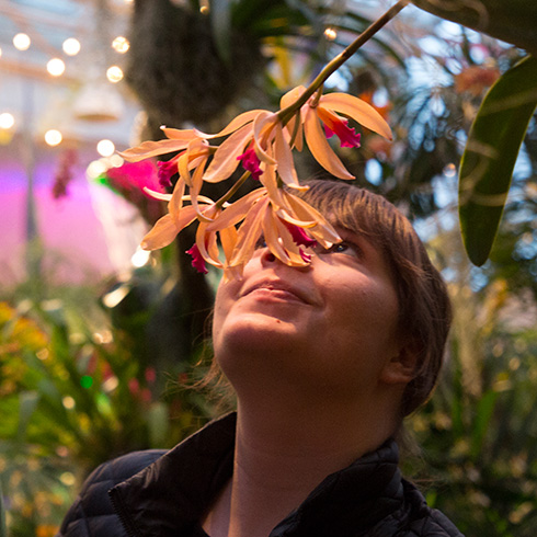 Woman smelling yellow orchid under twinkling lights
