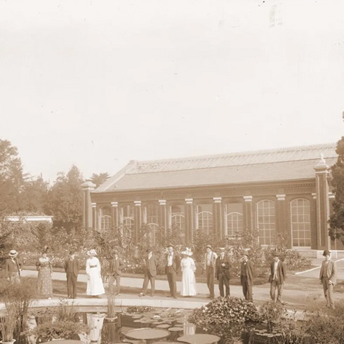 historic image of people in Victorian garb viewing water lilies outside of brick conservatory