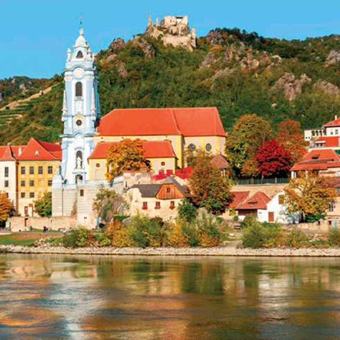 Historic European village at the edge of the Danube River