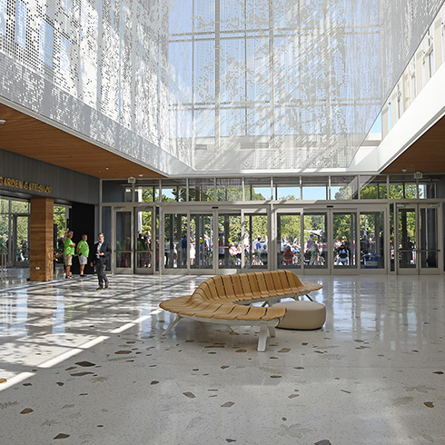 light-filled visitor center lobby