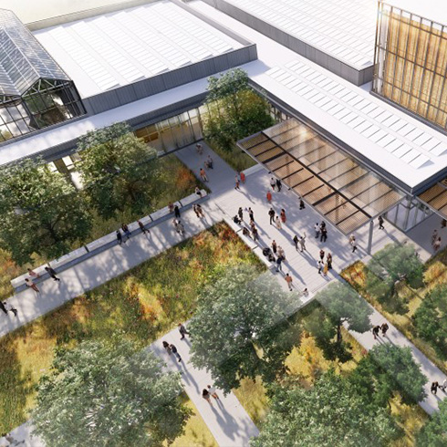 rendering of lush garden beds among concrete axes