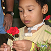 Little girl arranging flowers